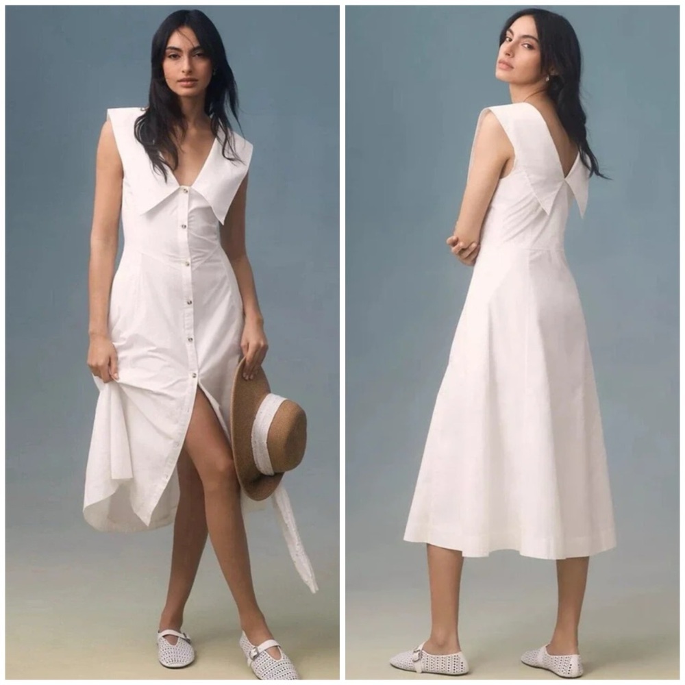 Anthropologie Sleeveless V Neck Collared Cotton Midi Dress Ivory Size‎ XL resort